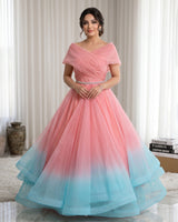 Organza Sleeveless Pleated and Ruffle-Layered Ombre-Shaded Full-Length Gown -Flamingo Pink & Sea Glass(New)