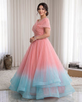 Organza Sleeveless Pleated and Ruffle-Layered Ombre-Shaded Full-Length Gown -Flamingo Pink & Sea Glass(New)