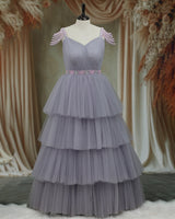 Net Sleeveless Beaded-Shoulder Layered Princess Full-Length Gown - Gray(New)