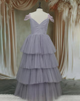 Net Sleeveless Beaded-Shoulder Layered Princess Full-Length Gown - Gray(New)