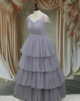 Net Sleeveless Beaded-Shoulder Layered Princess Full-Length Gown - Gray(New)