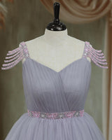 Net Sleeveless Beaded-Shoulder Layered Princess Full-Length Gown - Gray(New)