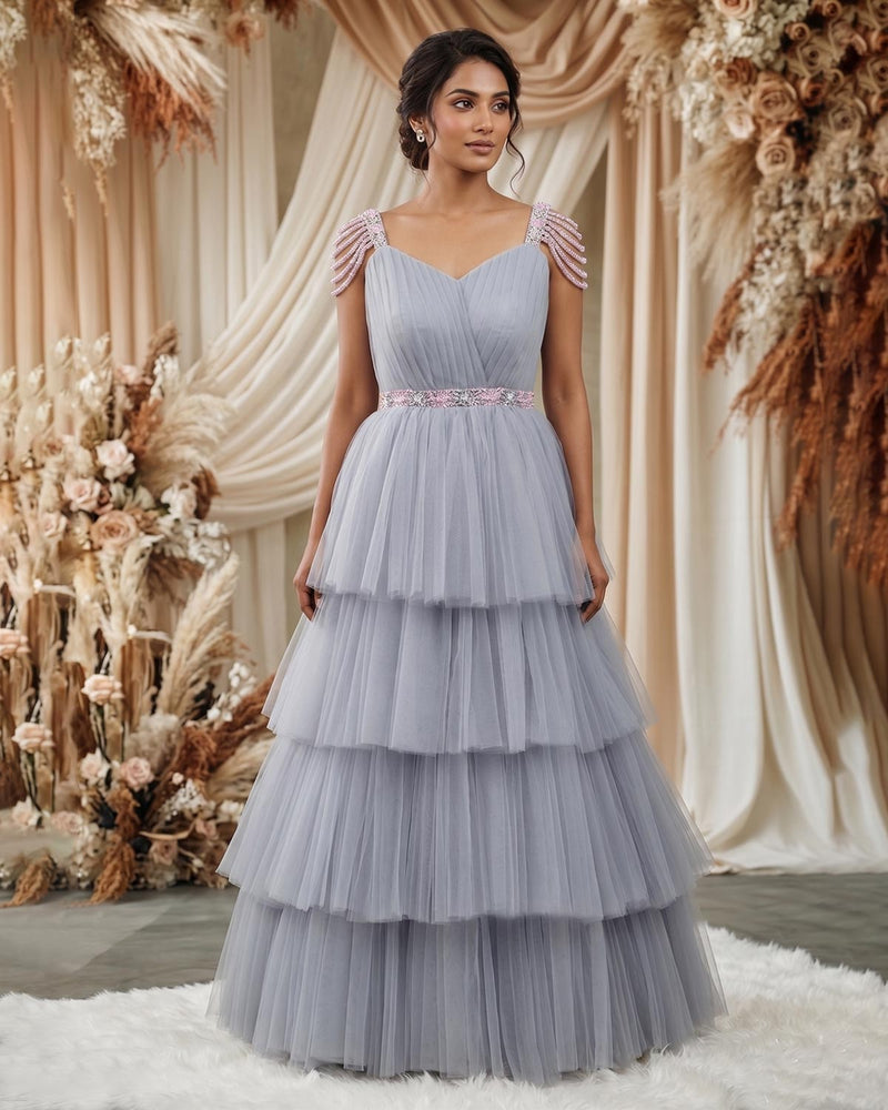 Net Sleeveless Beaded-Shoulder Layered Princess Full-Length Gown - Gra   www.liandli.in