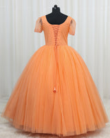 Net Short Puff Sleeve Sparkly Beaded Full Length Ball Gown - Peach (New)