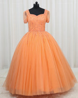 Net Short Puff Sleeve Sparkly Beaded Full Length Ball Gown - Peach (New)