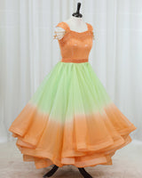 Organza Cap Sleeve Ombre Twirl Layered Full Length Gown - Green & Orange(New)