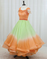 Organza Cap Sleeve Ombre Twirl Layered Full Length Gown - Green & Orange(New)