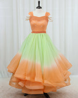 Organza Cap Sleeve Ombre Twirl Layered Full Length Gown - Green & Orange(New)