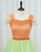 Organza Cap Sleeve Ombre Twirl Layered Full Length Gown - Green & Orange(New)