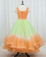 Organza Cap Sleeve Ombre Twirl Layered Full Length Gown - Green & Orange(New)