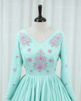 Georgette Full Sleeve High Low Full Length Gown Ice Blue Green(New)