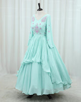 Georgette Full Sleeve High Low Full Length Gown Ice Blue Green(New)