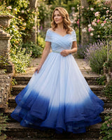 Organza Sleeveless Pleated and Ruffle-Layered Ombre-Shaded Full-Length Gown -Blue (New)
