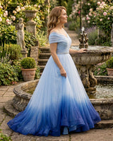Organza Sleeveless Pleated and Ruffle-Layered Ombre-Shaded Full-Length Gown -Blue (New)