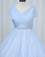 Organza Sleeveless Pleated and Ruffle-Layered Ombre-Shaded Full-Length Gown -Blue (New)