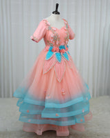 Net Elbow Sleeve 3D Petal Floral Full-Length Gown - Peach & Blue(New)