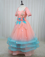 Net Elbow Sleeve 3D Petal Floral Full-Length Gown - Peach & Blue(New)