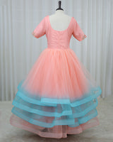Net Elbow Sleeve 3D Petal Floral Full-Length Gown - Peach & Blue(New)