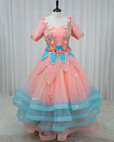 Net Elbow Sleeve 3D Petal Floral Full-Length Gown - Peach & Blue(New)