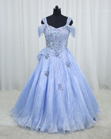 Organza Sleeveless Fabric-Manipulated Floral Full-Length Gown - Blue Ash (New)