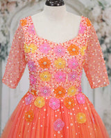 Net Elbow Sleeve 3D Hand Crafted Flower Appliques Floral Full Gown - Peach Bud (New)