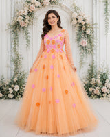 Net Full Sleeve 3D Hand Crafted Flower Appliques Floral Full Gown - Sand (New)