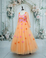 Net Full Sleeve 3D Hand Crafted Flower Appliques Floral Full Gown - Sand (New)