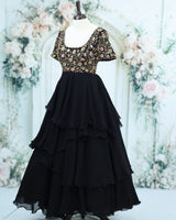 Georgette Black Gown With Golden handworked Yoke Full Gown - Black (New)