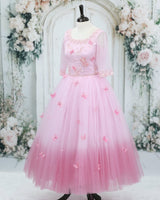 Baby Pink Net Elbow Sleeve Ombre Shade Butterfly & Floral Full Length Gown for Mom(New)