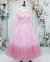Baby Pink Net Elbow Sleeve Ombre Shade Butterfly & Floral Full Length Gown for Mom(New)