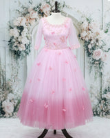 Baby Pink Net Elbow Sleeve Ombre Shade Butterfly & Floral Full Length Gown for Mom(New)