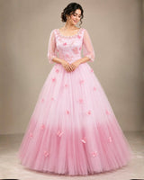 Baby Pink Net Elbow Sleeve Ombre Shade Butterfly & Floral Full Length Gown for Mom(New)