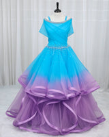 Net Sleeveless Pleated Ruffle-Layered Ombre-Shaded Full-Length Gown for Mom in Lavender & Sky Blue(New)