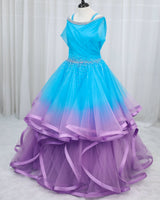 Net Sleeveless Pleated Ruffle-Layered Ombre-Shaded Full-Length Gown for Mom in Lavender & Sky Blue(New)