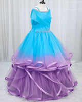 Net Sleeveless Pleated Ruffle-Layered Ombre-Shaded Full-Length Gown for Mom in Lavender & Sky Blue(New)