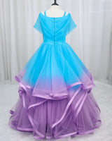 Net Sleeveless Pleated Ruffle-Layered Ombre-Shaded Full-Length Gown for Mom in Lavender & Sky Blue(New)