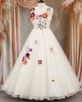 Milky White Net Sleeveless Floral Full-Length Gown for Mom(New)