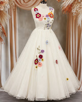 Milky White Net Sleeveless Floral Full-Length Gown for Mom(New)