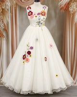 Milky White Net Sleeveless Floral Full-Length Gown for Mom(New)