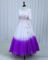 Georgette Elbow Sleeve Aari, 3D Floral & Attached Twirled Strips Embellished Floral Full Length Gown - White & Lavender(New)