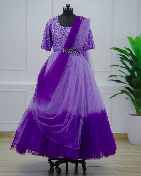 Lavender and purple color gradient gown with draped dupatta