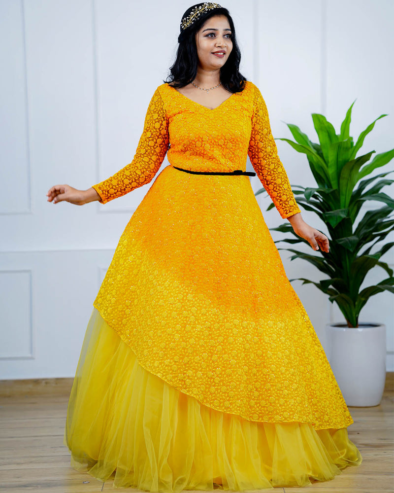 Trendy Yellow Gradient Embroidered Gown Online | Mother and Daughter Dresses Online
