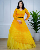 Yellow color gradient embroidery full sleeve mom gown