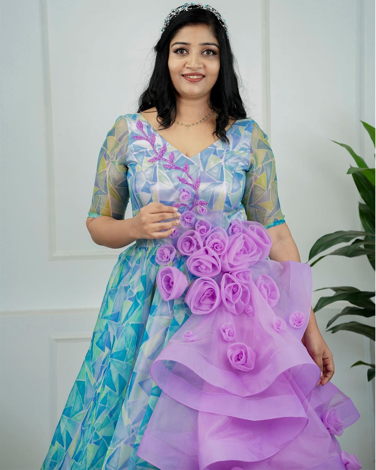 Aqua Blue And Green Printed Organza Mom Gown With Lavender Twirled Flares On One Side With Handcrafted Flowers
