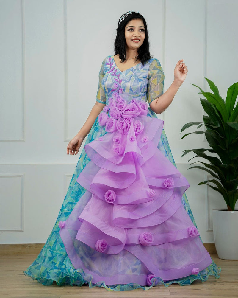 Blue and Green Combo Organza Gown Online Mother Daughter Dresses