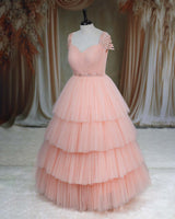 Net Sleeveless Beaded-Shoulder Layered Princess Full-Length Gown - Peach(New)(Bestseller)