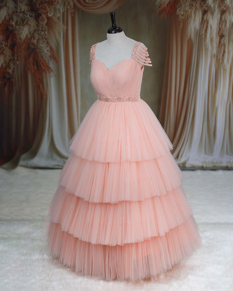 Net Sleeveless Beaded-Shoulder Layered Princess Full-Length Gown - Pea www.liandli.in Net Sleeveless Beaded-Shoulder Layered Princess Full-Length Gown - Pea www.liandli.in