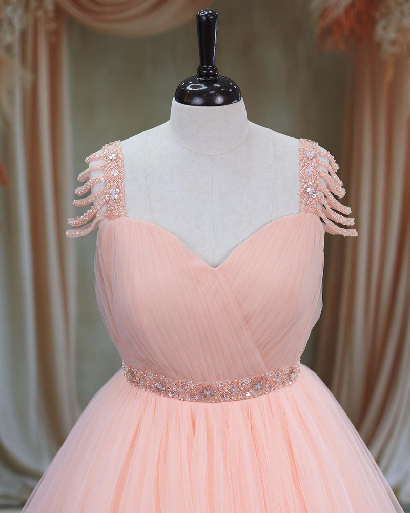Net Sleeveless Beaded-Shoulder Layered Princess Full-Length Gown