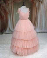 Net Sleeveless Beaded-Shoulder Layered Princess Full-Length Gown - Peach(New)(Bestseller)