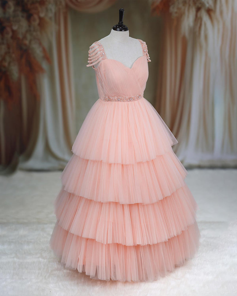 Net Sleeveless Beaded-Shoulder Layered Princess Full-Length Gown